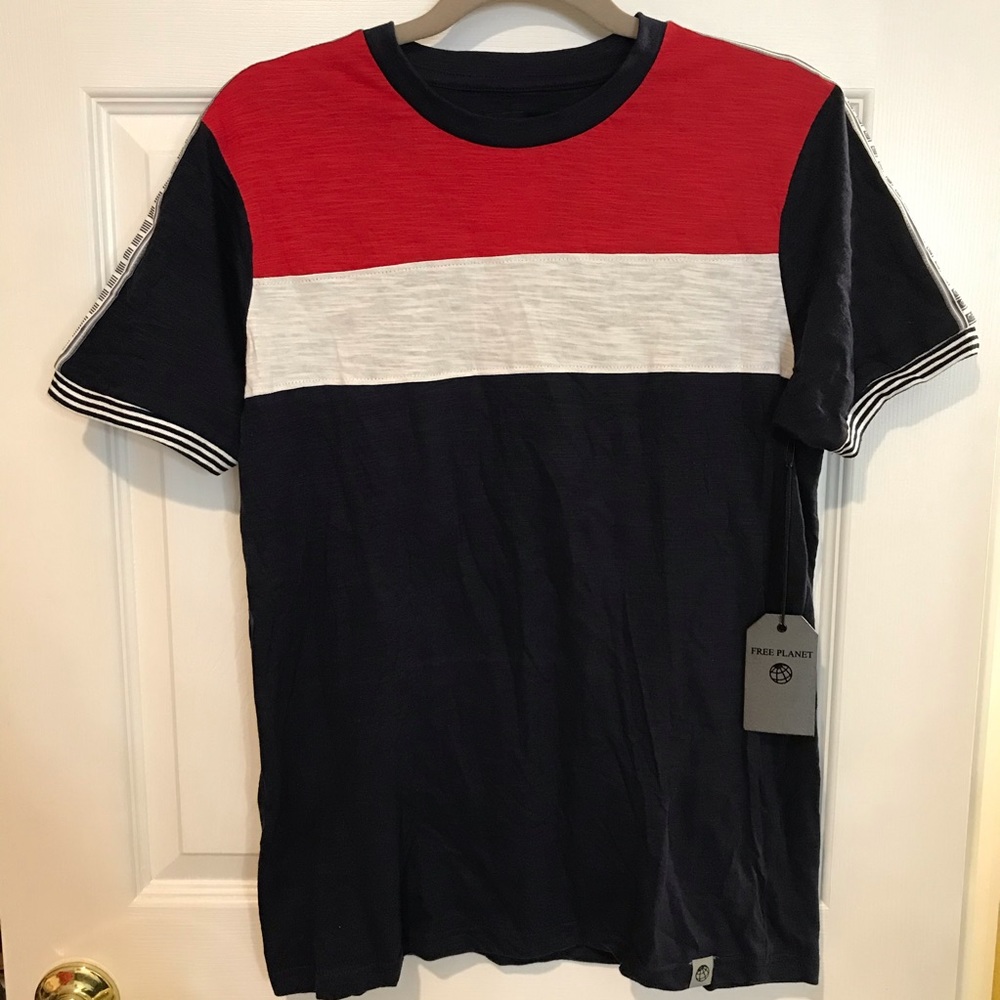 Free Planet Red White Navy Blue striped shirt